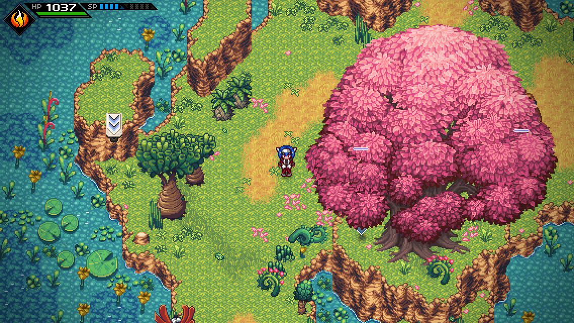 Lea explorando uma clareira verde ao lado de uma enorme cerejeira rosa em CrossCode